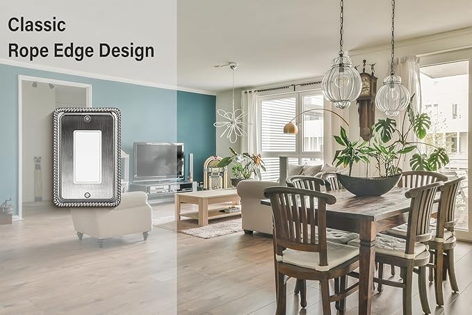 Henne Bery Rope Edge Decorative Wall Plate Switch Plate Outlet Cover (Single Decorator, 2 Pack, Heirloom Silver)