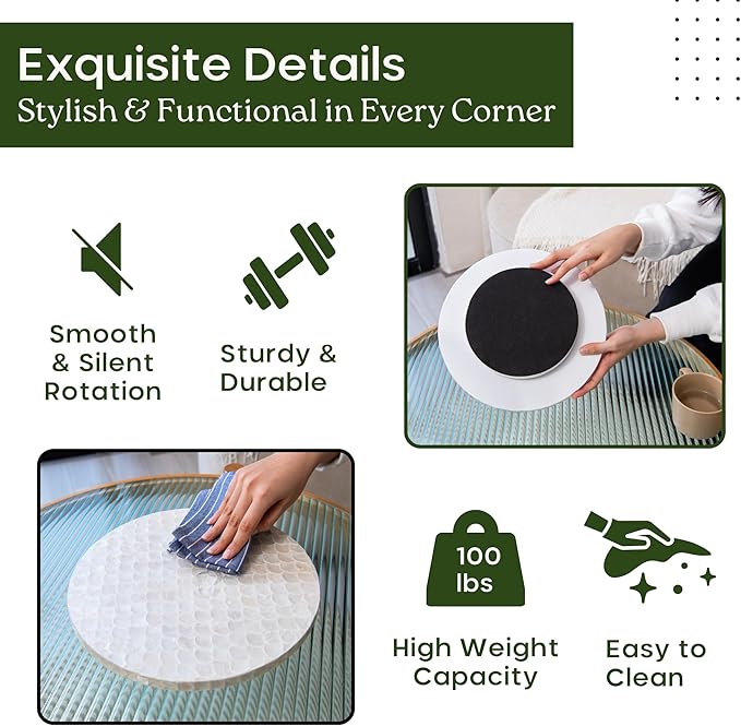 12 Inch Capiz Lazy Susan, Decorative Lazy Susan Turntable Centerpiece for Dining Table, Kitchen Counter, Round Mother of Pearl Capiz Shell Spinning Tray for Countertop & Tabletop (White)