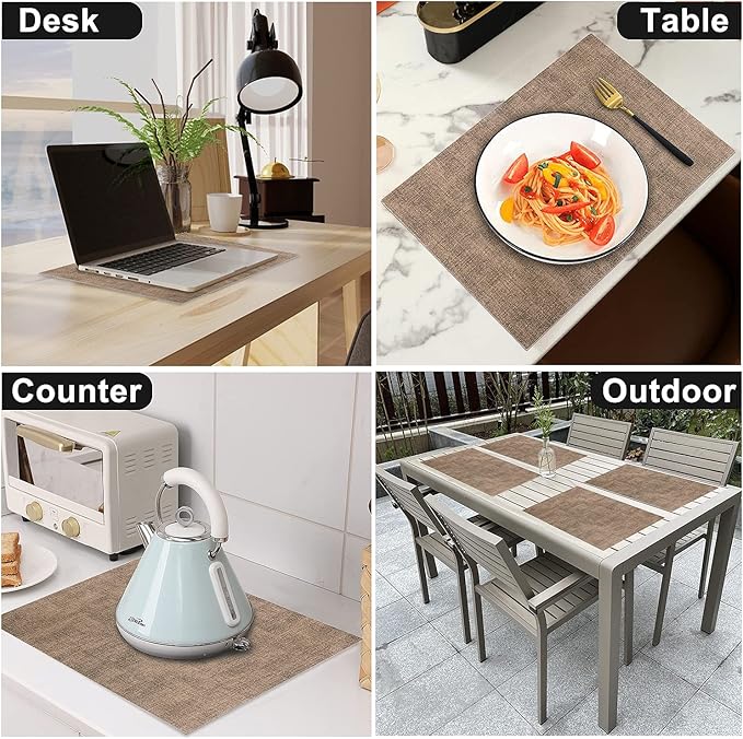 Leather Heat Resistant Placemats Set of 6 Waterproof Wipeable Washable PU Table Mats,Easy to Clean Anti-Slip Place Mats (Dark Brown, 6)