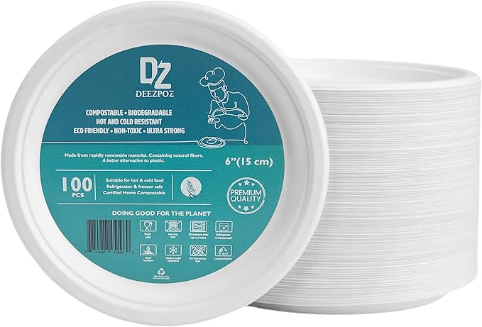 100-Pack Heavy-Duty Compostable Paper Plates 6 Inch Biodegradable Disposable Dessert Plates Natural Sugarcane Bagasse, Eco-Friendly & Microwave Safe - Ideal for Parties or Everyday Use