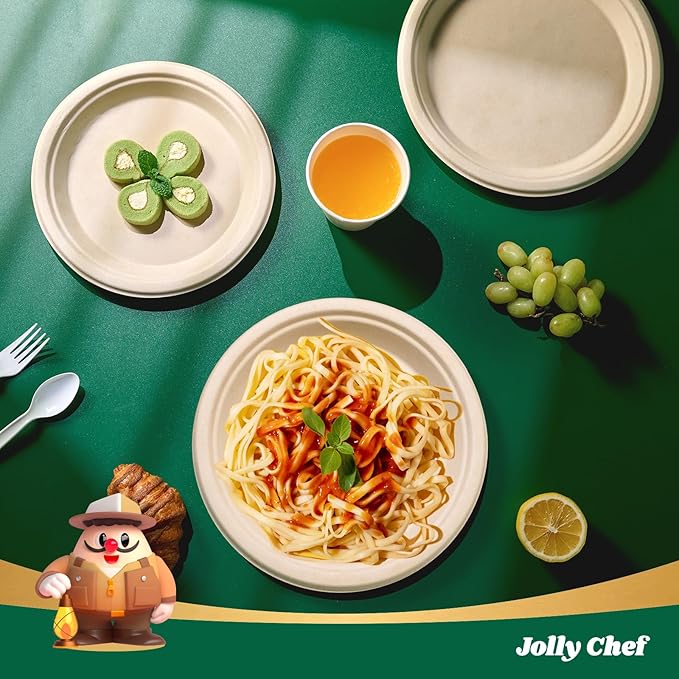 JOLLY CHEF Compostable Heavy Duty Plates 𝟭𝟬 𝗜𝗻𝗰𝗵 [𝟱𝟬𝟬 𝗣𝗮𝗰𝗸] Eco-Friendly Disposable Paper Plates Natural Bagasse Biodegradable Sugarcane Bulk for Party Hot Cold Dinner Christmas (Brown)