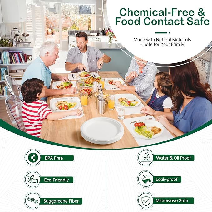 10 Inch 128 Pack Compostable Disposable Paper Plates, Large Round Dinner Plates, Heavy Duty Sugarcane Bagasse, Biodegradable Eco-Friendly for Parties & Daily Use, White
