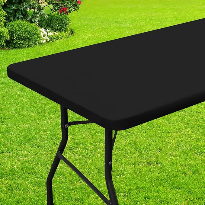 Smiry Rectangle Picnic Table Cloth, Waterproof Elastic Fitted Tablecloths for 8 Foot Tables, Washable Polyester Table Cover for Camping, Indoor and Outdoor (Black, 36"x96")