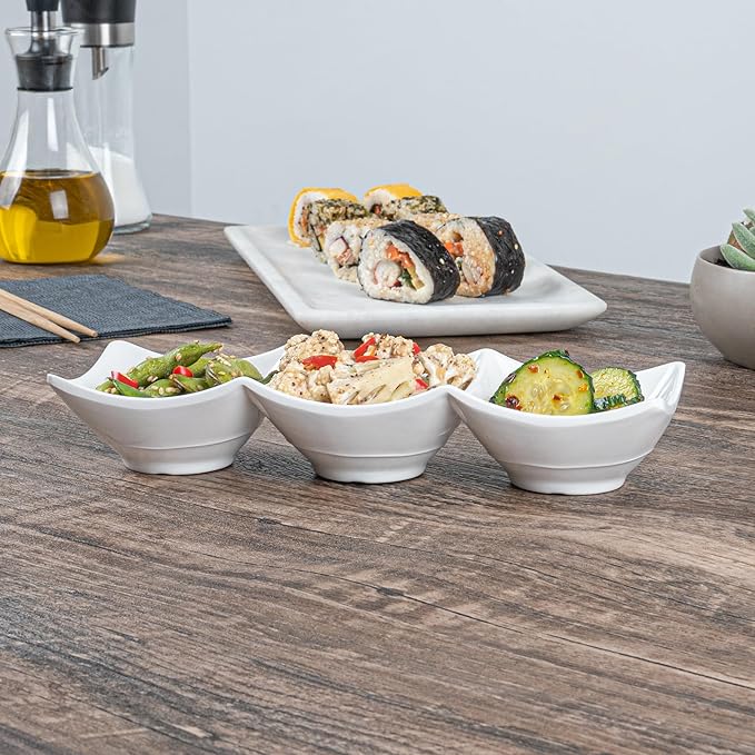 Restaurantware Voga 8.5 Ounce Divided Serving Dishes 10 Square Condiment Serving Dishes - 3 Compartments Serve Appetizers Snacks Dips Or Dressings White Melamine 3 Compartment Dishes