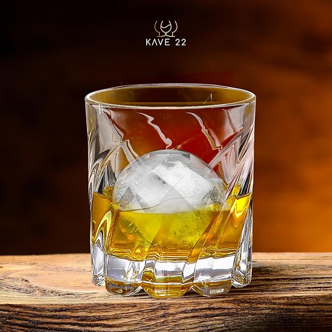 Whiskey Glasses Set of 4 - Spinning Bourbon Glass with Ice Ball Mold - Elegant Scotch, Old Fashioned Rotating Base - Thick Crystal Drinking Kit Scotch - Elegant Barware Gift for Whisky Lovers