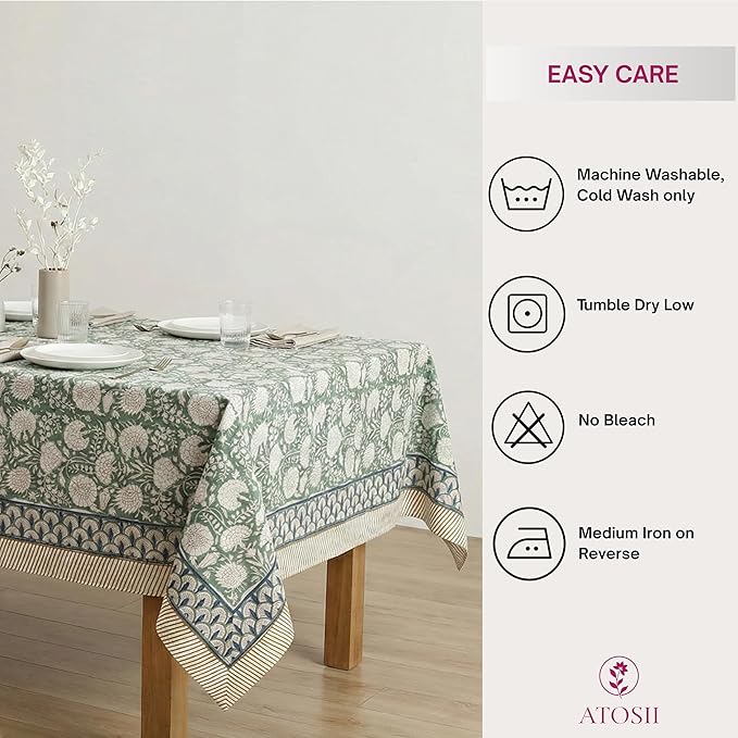 ATOSII Jade 100% Cotton Rectangle Boho Fall Tablecloth, Handblock Floral Table Cloth Linen for Kitchen Dining I Parties Wedding Outdoors Thanksgiving Easter Picnics I 72 X 120 Inches I 10 Seater
