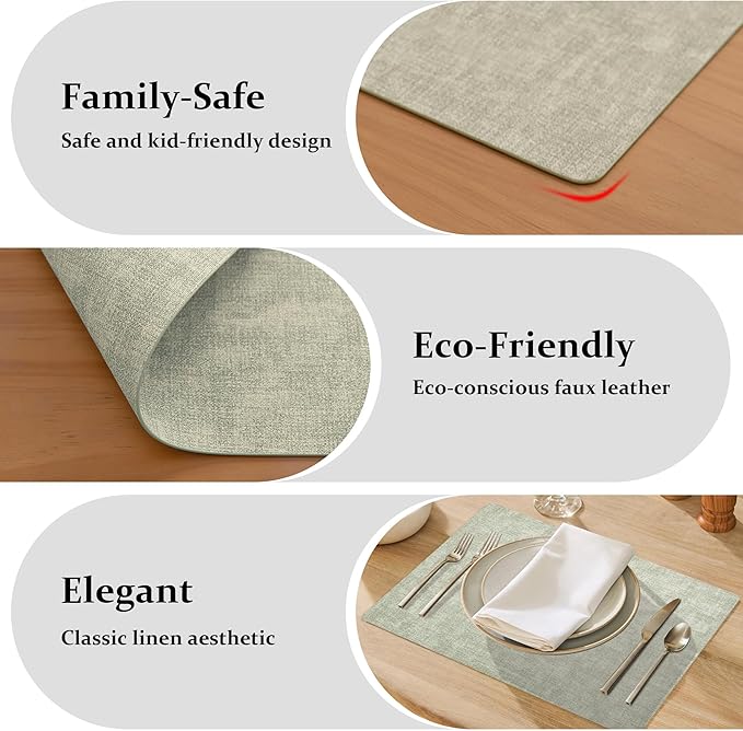 FROMHEART Faux Leather Placemats Set of 6–Waterproof,Heat/Oil Stain-Resistant PU Table Mat–Reversible,Non-Slip,Easy to Clean Place Mats for Kitchen,Dining,Indoor/Outdoor,(Light Green,11.8" x 17")