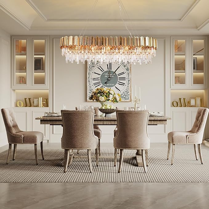 L51.2 Gold Rectangle Crystal Chandelier for Dining Room Modern Luxury Linear Light Fixture for Kitchen Island Contemporary Pendant Ceiling Light Oval Raindrop Chandelier Lighting 19-Light