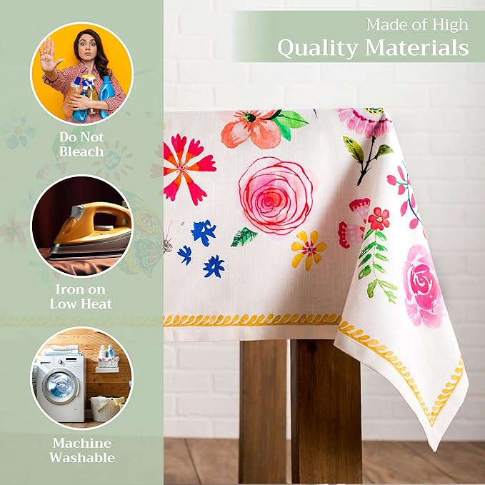 Maison d' Hermine Table Cloth Rectangle Table 100% Cotton 70 x 90 Inches Tablecloth Reusable Decorative for Dining Room Farmhouse Home Valentines Day Decorations Spring Summer - Happy Florals - Sweety