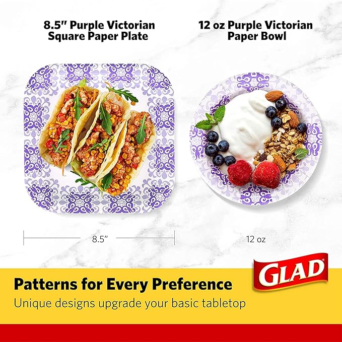 Glad Square Disposable Paper Plates, Purple Victorian Pattern - Strong, Sturdy, Soak Proof, and Microwavable Decorative Plates for Dinner and Everyday Use, 8.5 Inch, 50 Count - 12 Pack