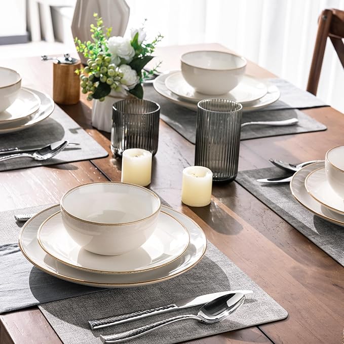 GBHOME Ceramic Dinnerware Sets for 4, 12 Pieces Stoneware Plates and Bowls Sets, Reactive Glaze Dishes -Scratch Resistant, Dishwasher&Microwave Safe，Pearl White