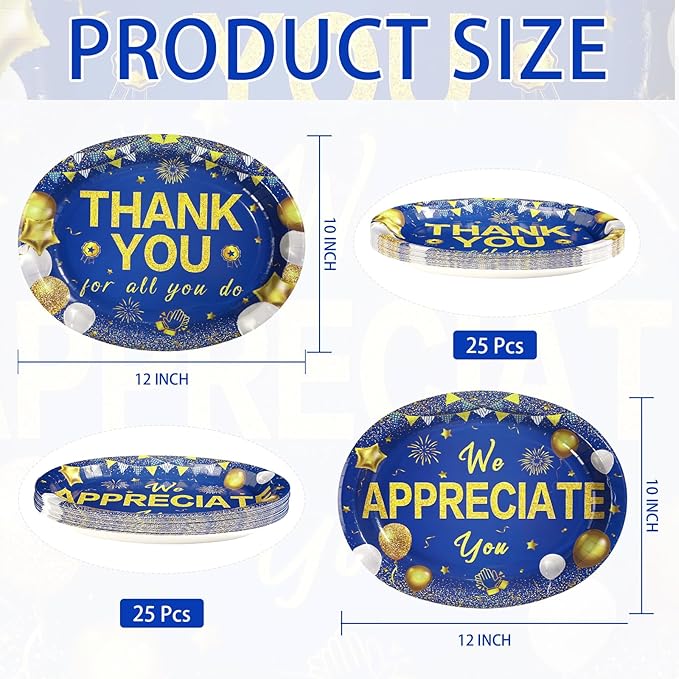 50Pcs Thank You Party Decorations We Appreciate You Oval Paper Plates 10" x 12" Heavy Duty Blue Gold Appreciation Paper Plates for Teacher Employee Staff Volunteer Appreciation Party Supplies