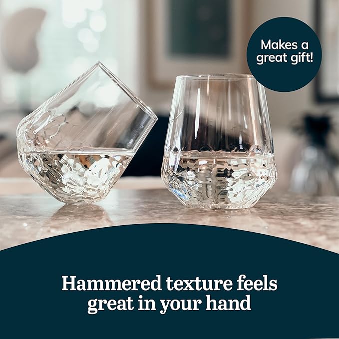 Libbey Hammered Stemless Wine Glasses Set of 8, 17-ounce, Dishwasher-Safe, Chiseled Textured Glassware Set, All Purpose Wine Glasses for Everyday Use
