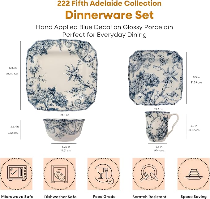 222 Fifth Adelaide 16-Piece Square Floral Dinnerware Set – Service for 4, Blue & White Porcelain Plates & Bowls, for Everyday Dining & Entertainment, Microwave & Dishwasher Safe, Chip Resistant