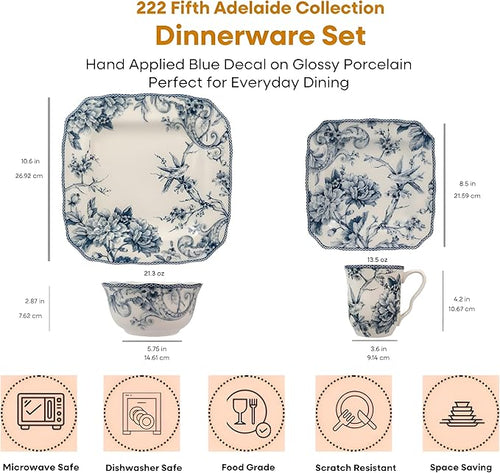 222 Fifth Adelaide 16-Piece Square Floral Dinnerware Set – Service for 4, Blue & White Porcelain Plates & Bowls, for Everyday Dining & Entertainment, Microwave & Dishwasher Safe, Chip Resistant