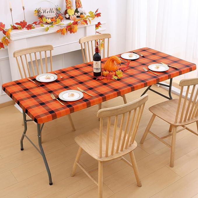 Smiry Rectangle Picnic Table Cloth, Elastic Waterproof Fitted Vinyl Tablecloths, Flannel Backed Buffalo Plaid Table Covers for Dining, Camping, Outdoor (Orange and Yellow, 30" x 72")