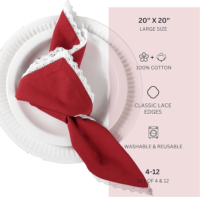 FINGERCRAFT Dinner Cloth Napkin Cotton Blend 4 Pack Vintage Rustic Premium Quality Mitered Corners Napkin Cloth with Elegant Lace for Everyday Use, Pre Shrunk and Good Absorbency 20x20 in Tango Red