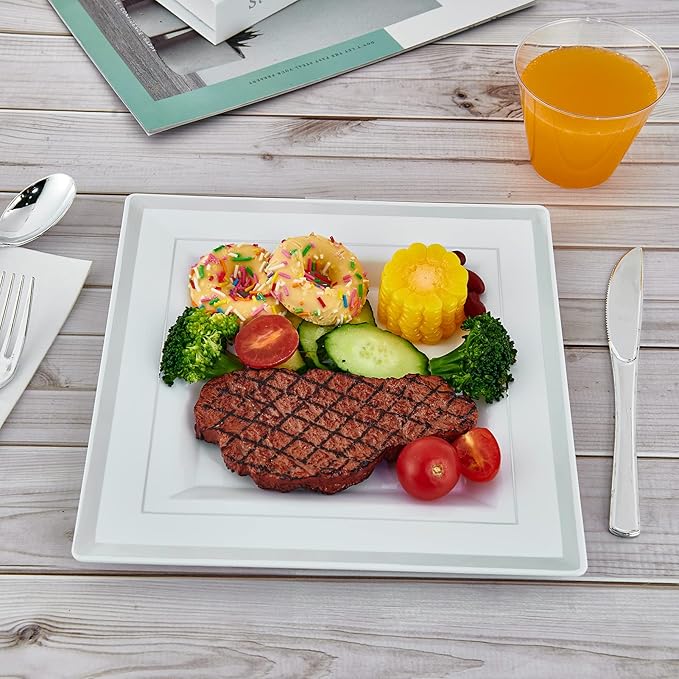Vplus 90 Piece 9.5 Inch Silver Plastic Plates Disposable, Heavy Duty White Elegant Durable Dinner Plastic Party Plates with Silver Rim Perfect for Party Christmas