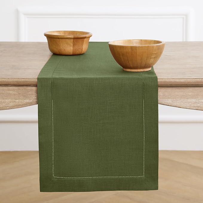 Solino Home Linen Table Runner 36 Inches - 100% Pure Linen Olive Hemstitch Table Runner 14 x 36 Inch Ideal for Dresser and Coffee Tables - Classic Hemstitch