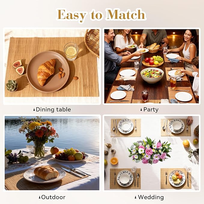 4-Pack Bamboo Placemats,Woven Heat-Resistant Rectangular Table Mats,Natural Dining Place Mats,Rustic Japanese Style Wood Mats for Indoor Dining,Kitchen and Party Use, Coffee