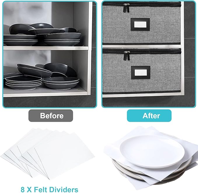 Quilted Platter Storage Case 2PACK-Fine China Storage Containers Hard Shell for Organizing,Stackable Plate Storage Containers with 8 Felt Dividers,dinnerware Storage,Moving Box,Moving Supplies
