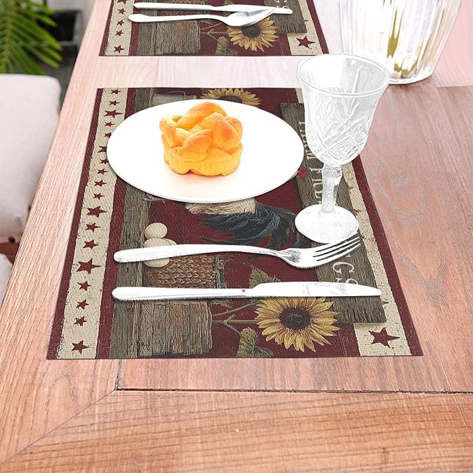 Vintage Rooster Placemats Set of 4 Washable Table Place Mats for Dining Kitchen Party Decor