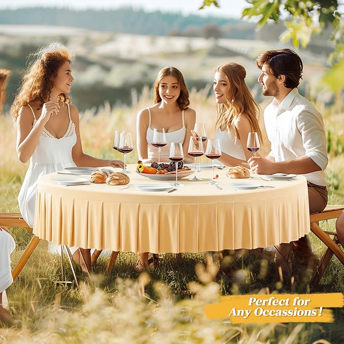 1 Pack Champagne Spandex Round Tablecloths for 60 inch Table, Stretchy Fitted 5FT Round Table Cloths,Wrinkle Free Table Cover with Skirt for Wedding Party Dining Banquet
