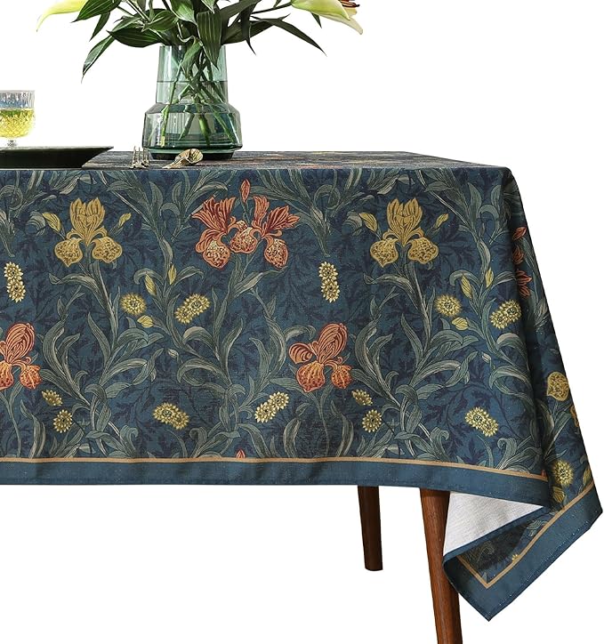 patdrea Designer Vintage Dark Blue Linen Rectangle Tablecloth,French Rustic Floral Pattern Tablecloths,Decorative Table Cover Cloth for Kitchen,Dining,Tea Party,Home,Christmas,63"*110"