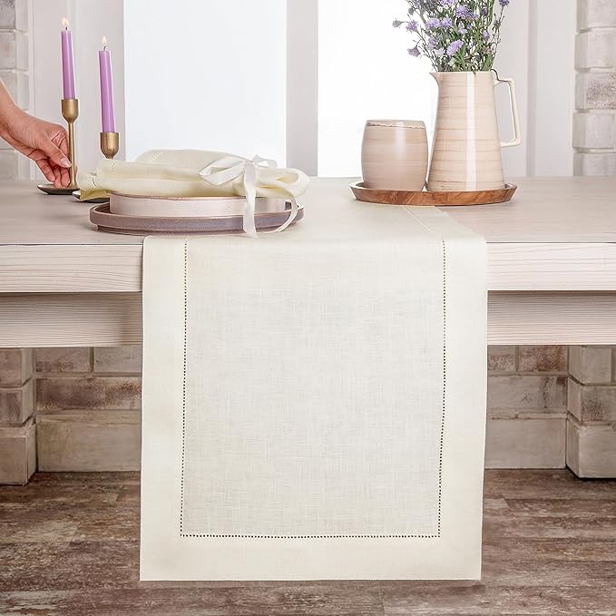 D'Moksha Homes Linen Ivory Table Runner 36 Inches - 100% Pure Linen Small Table Runner 14 x 36 Inch Ideal for Dresser, Coffee Tables, Valentines, Spring, Easter - Classic Hemstitch
