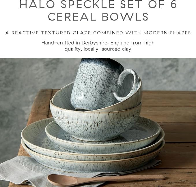 Denby - Halo Speckle Cereal Bowls Set of 6-27 Ounce Dishwasher Microwave Safe - Scratch Chip Resistant - Grey, Neutral, Blue Ceramic Stoneware Soup Bowls Tableware