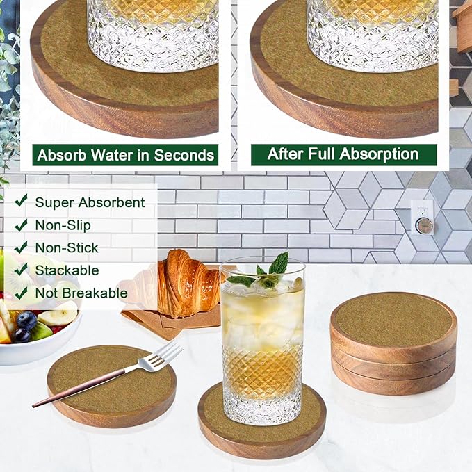5 Pack Coasters for Drinks Absorbent, Wood Coasters with Felt Pads, Drink Coasters for Coffee Tabletop Protection, Non-Slip, Non-Stick, Suit for Kinds of Cups 4.3 inch Brown
