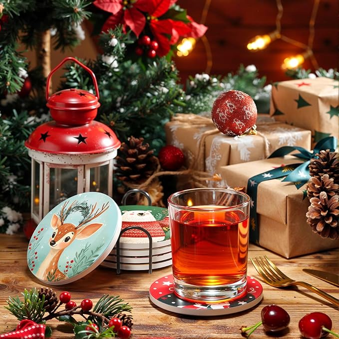 Christmas Coasters with Metal Holder Vintage Santa Drink Coasters Coasters Round Absorbent Ceramic Stone Coaster for Home Kitchen Table Decor Set of 6