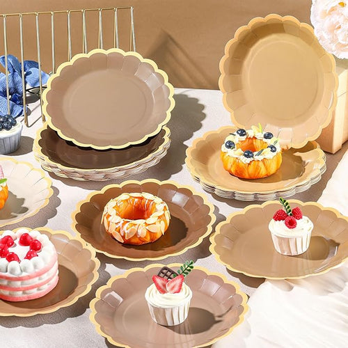 48 Pcs Brown Paper Plates 9 Inch Gradient Brown Scalloped Paper Disposable Dinner Dessert Plates for Birthday Wedding Bridal Party Supplies, 6 Colors