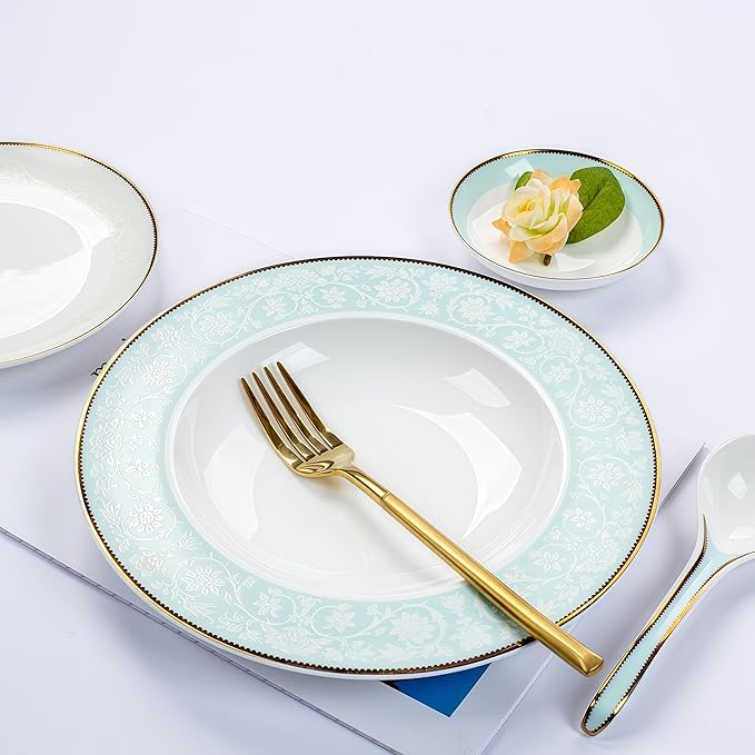 Fine Bone China Dinnerware Set,Porcelain&Ceramic Dinnerware Sets,Bone Stoneware & Ceramic Cookware Tableware Set Includes Dinner Plates|Spoons|Pasta Bowls|Soup Pot|Chopsticks (26PCS * 6-Person Set)