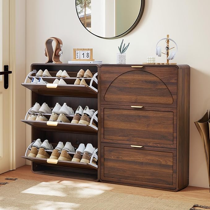 Narrow Hidden Shoe Organizer Cabinet Storage for Entryway, Modern Slim and Skinny Shoe Rack Cabinet with Flip Drawers for Entrance, Hallway - Walnut