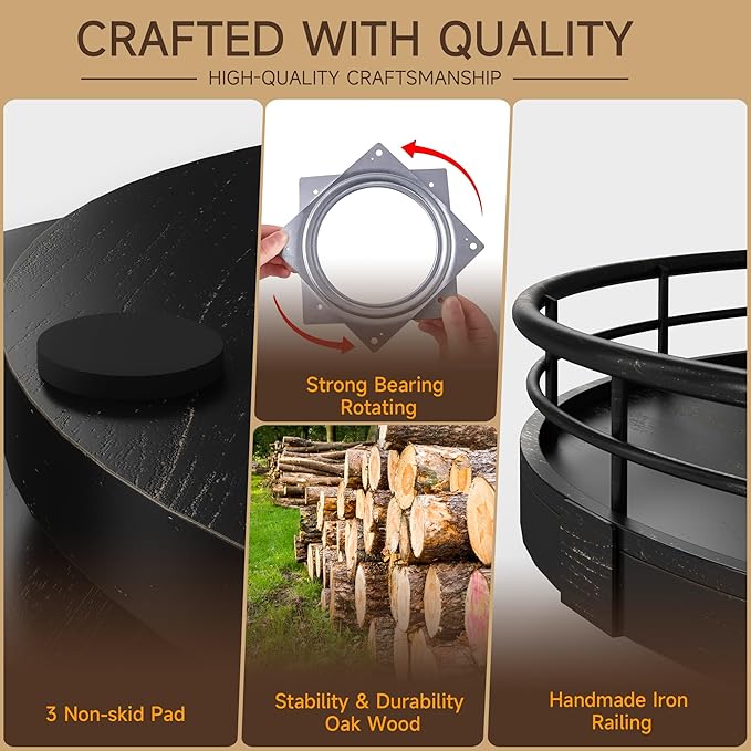9" Oak Bathroom Vanity Tray Turntable for Perfume Candle, Round Wooden Decorative Tray for Kitchen Sink Countertop Organizer, Bathroom Counter Organizer for Skincare Makeup, Farmhouse Black Gold