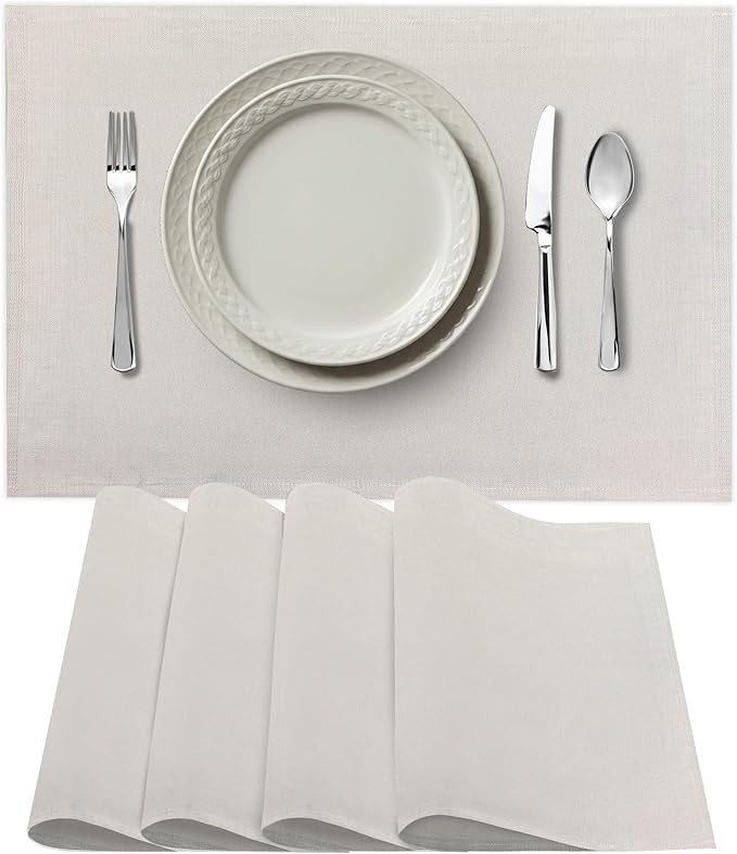 Premium European Cloth Table Linen Placemats - 56% Cotton 44% Linen Fabric, Jacquard Woven Design - for Occasions or Daily Use - Machine Washable - Carlo Lamperti Italy - Natural, 20"x14" (Set of 4)