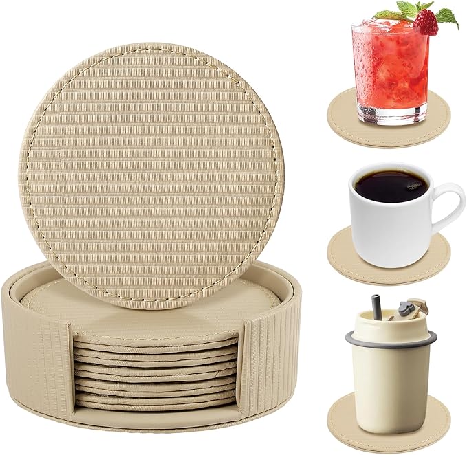 6 Pcs Premium Leather Coasters with Holder, Tabletop Protection, Coffee Table & Bar Decoration, Modern-Style Drink Coasters Suitable for Home Dining Tables & Kitchen Accessories (Beige Stripe)