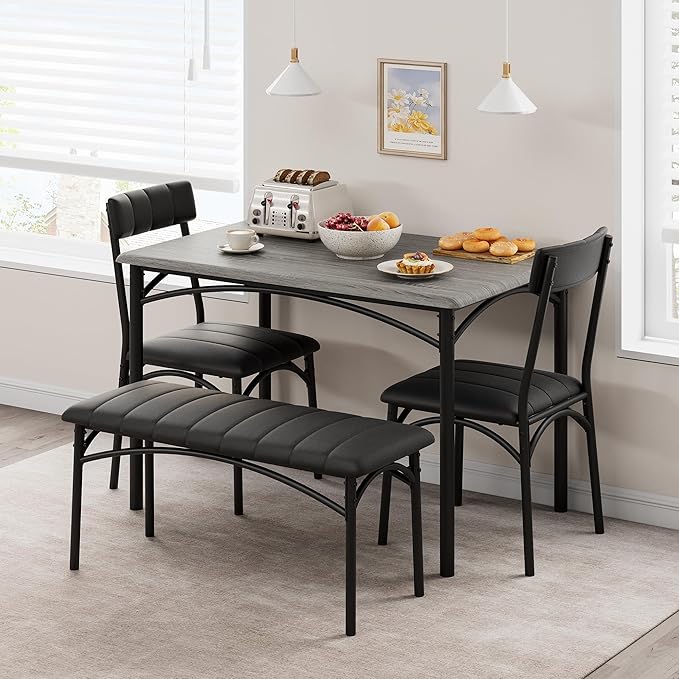 4-Piece Small Dining Table Set – Wood Table with 2 Upholstered Chairs & Bench, Space-Saving Retro Kitchen Dining Set for Small Apartment/Dining Room, Gray