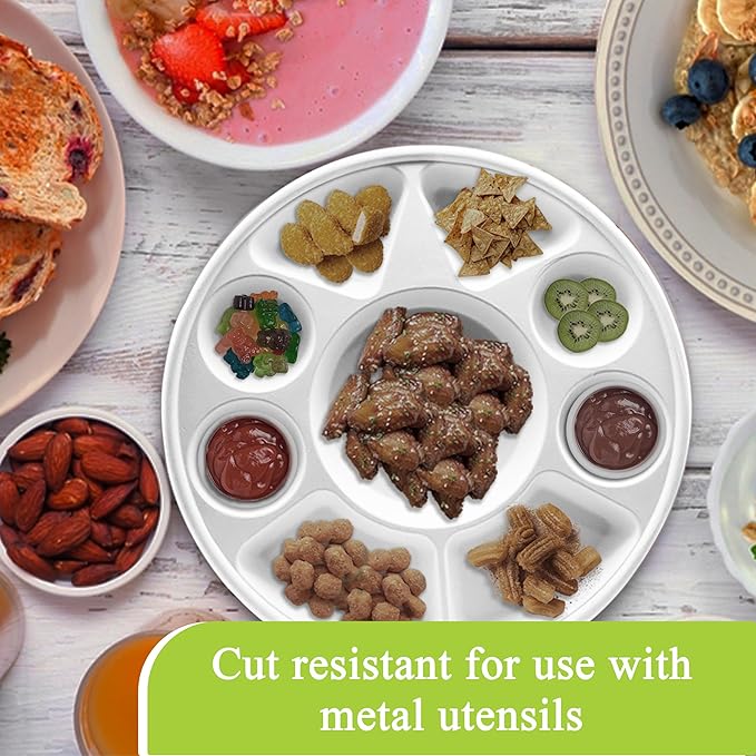 three leaf 9 Compartment Bagasse Round Plate, 200 Ct. Heavy-Duty- Super Strong- Natural- Eco-Friendly Disposable Bagasse Plates, 100% Biodegradable