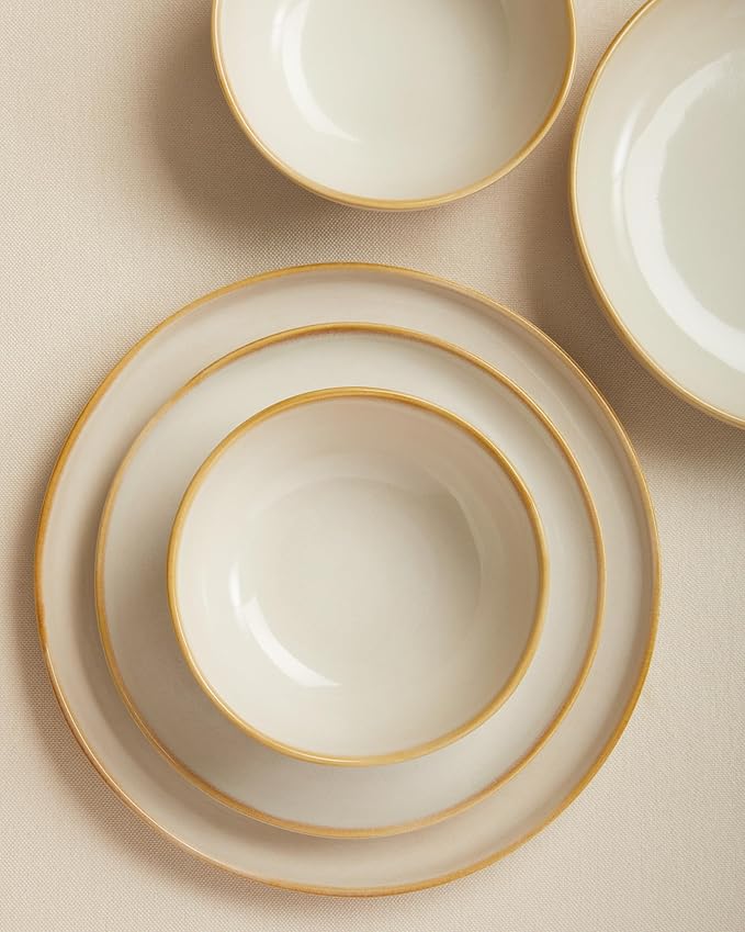 24 Pieces Dinnerware Set for 6 with Pasta Bowls, Complete Ceramic Dish Set, Stackable & Glossy Stoneware Plate and Bowl Set for Effortless Everyday Hosting, Yellow White