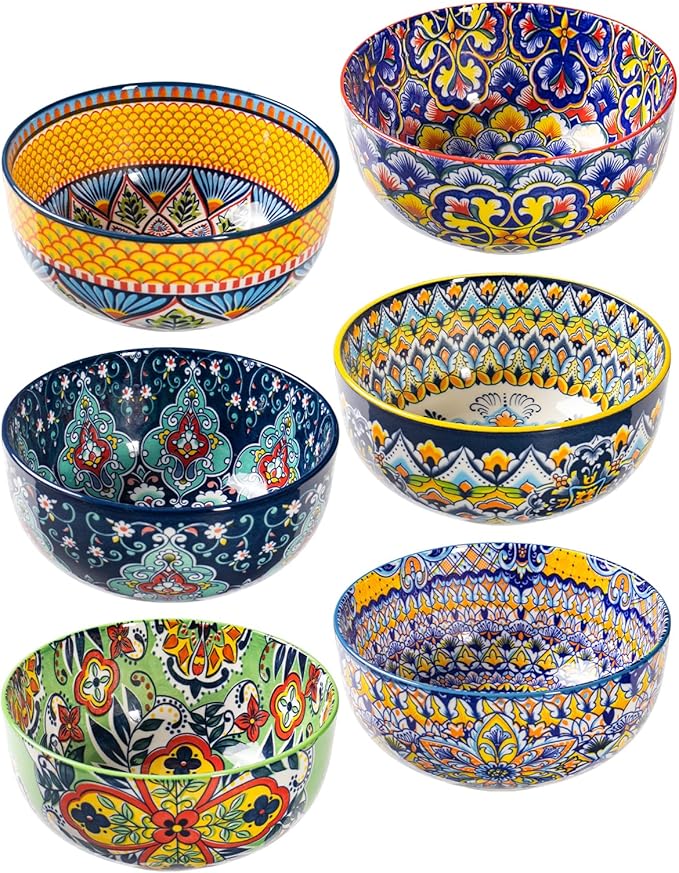 HENXFEN LEAD Boho Cereal Bowls Set of 6, 28 oz Ceramic Soup Bowls – Colorful Bowls for Salad, Oatmeal, Ramen, Rice and Pasta, Microwave & Dishwasher Safe