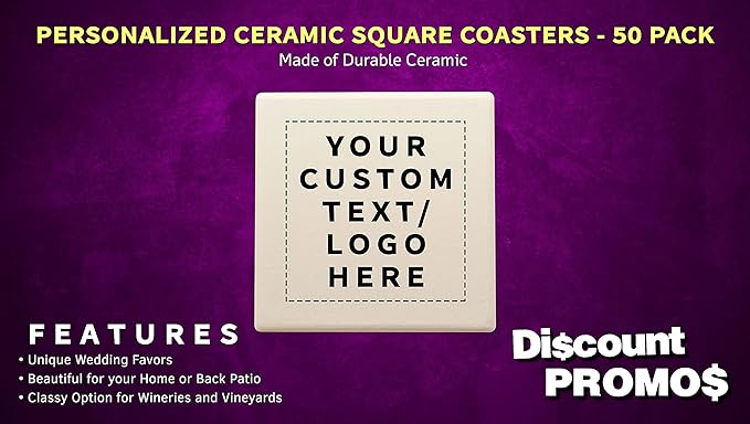50 4" Square Ceramic Coasters Set - Customizable Text, Logo - Cork Bottom, Serve Ware - Natural