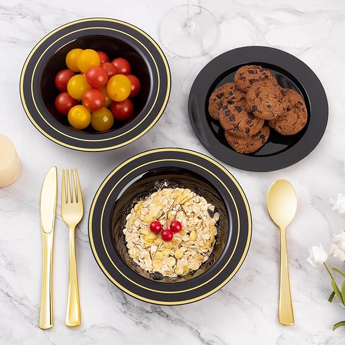 Goodluck 50 Pack Black Plastic Bowls with Gold Rim, 12oz Disposable Soup Bowls, Heavy Duty Dessert Bowls for Weddings, Parties, Dinners, Catering, and New Year