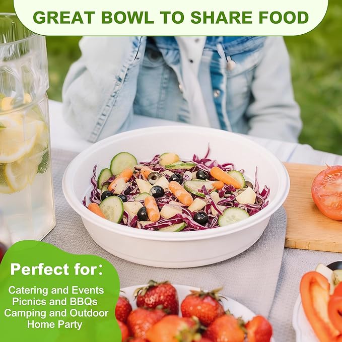 70oz Extra Large Disposable Sugarcane Fiber Paper Bowl, Heavy-Duty Round Serving Bowl for Soups, Pasta & Saucy Dishes, Eco-Friendly Tableware for Restaurants & Catering