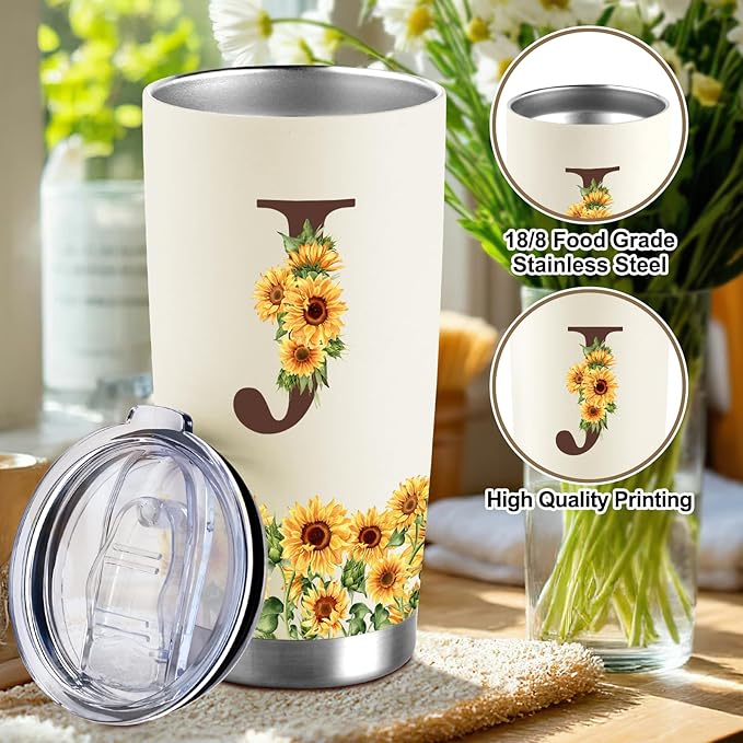 Sunflower Gifts for Women - Personalized Christmas Gifts for Women - Birthday Gift for Woman - Mothers Day Gift for Mom - Monogrammed, Initial 20oz Travel Cup Insulated Tumbler with Lid, J