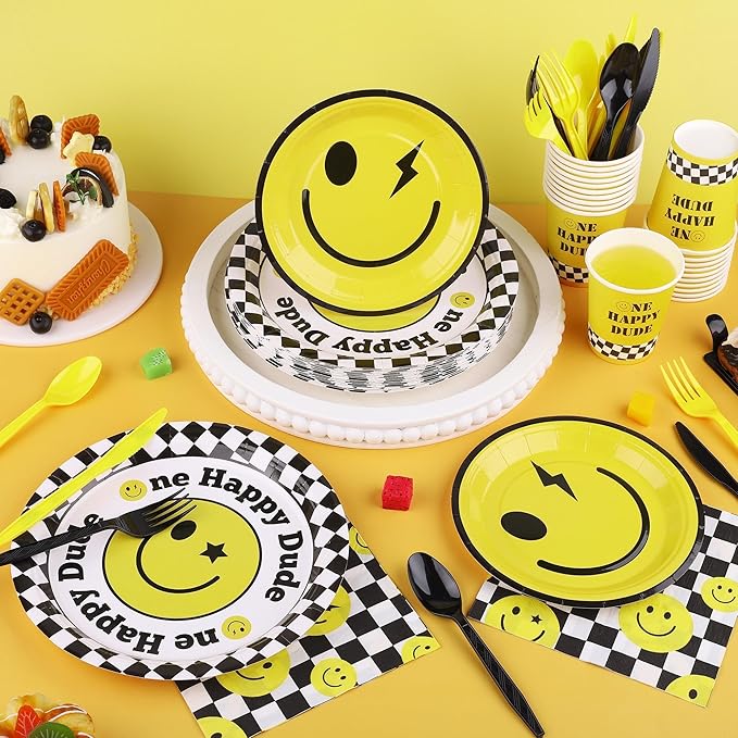 Kochorie 400 Pieces One Happy Dude Disposable Party Tableware Sets Including Plates Cups Napkins Cutlery Serves 50 for Smiley Party 1st Birthday Preppy Party Decorations