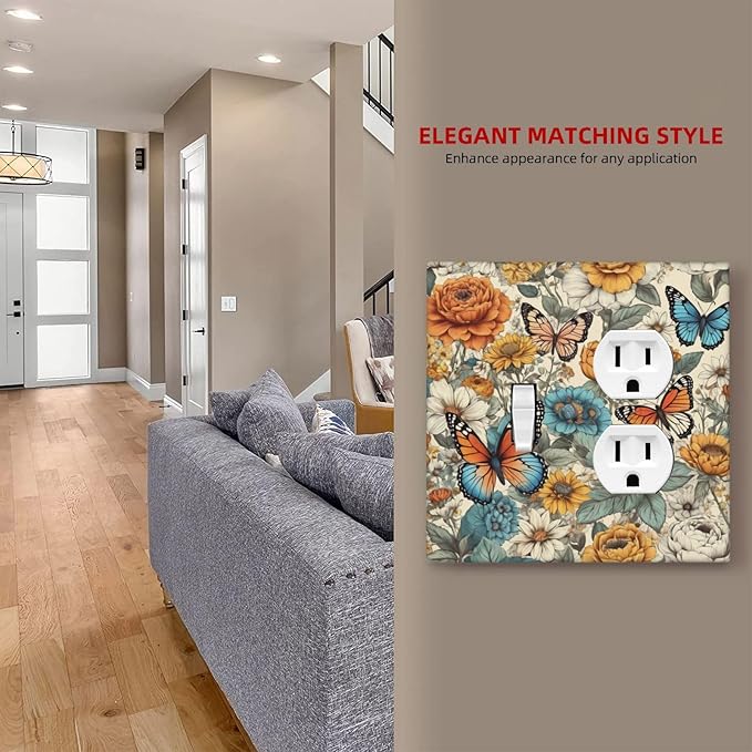 Light Switch Cover Plate Vintage Colorful Floral Butterfly Flowers 2 Gang Decorative Switch Plates 1 Toggle Duplex Combo Outlet Covers GFCI Wall Plates for Bathroom Bedroom Decor