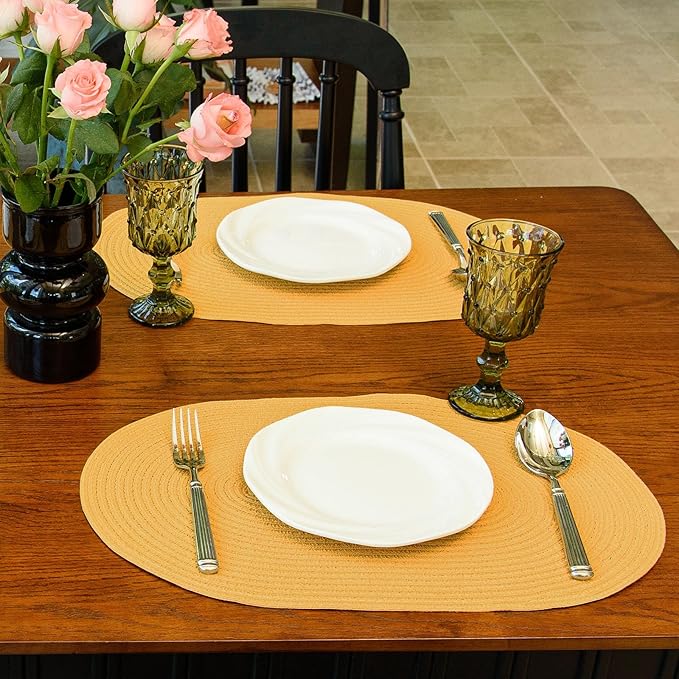 Noctiflorous Oval Braided Placemats Set of 4 Woven 12x18 Inch Non Slip Washable Heat Resistant Place Mats Round Tablemats for Dining Kitchen Party Daily Table Decor Dinner Mats (Solid Yellow, 4)