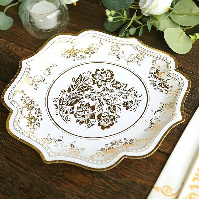 50 Pack 10" White Gold French Toile Dinner Plates, Disposable Round Paper Party Plates 300 GSM for Festive Table Decoration